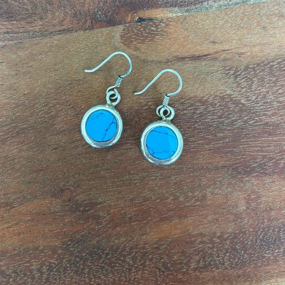 Mexico Vintage Sterling Silver 9mm Turquoise Circle Dangle Earrings - 13.3 Grams - Picture 1 of 7